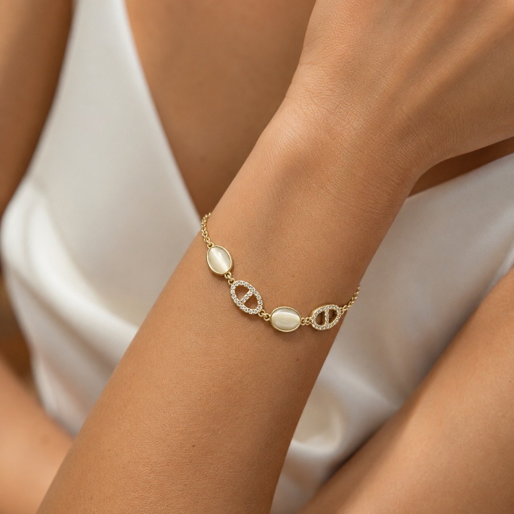 MEOSKED Gold Tone Cat Eye Stone and Pave Crystal Anchor Link Chain Bracelet